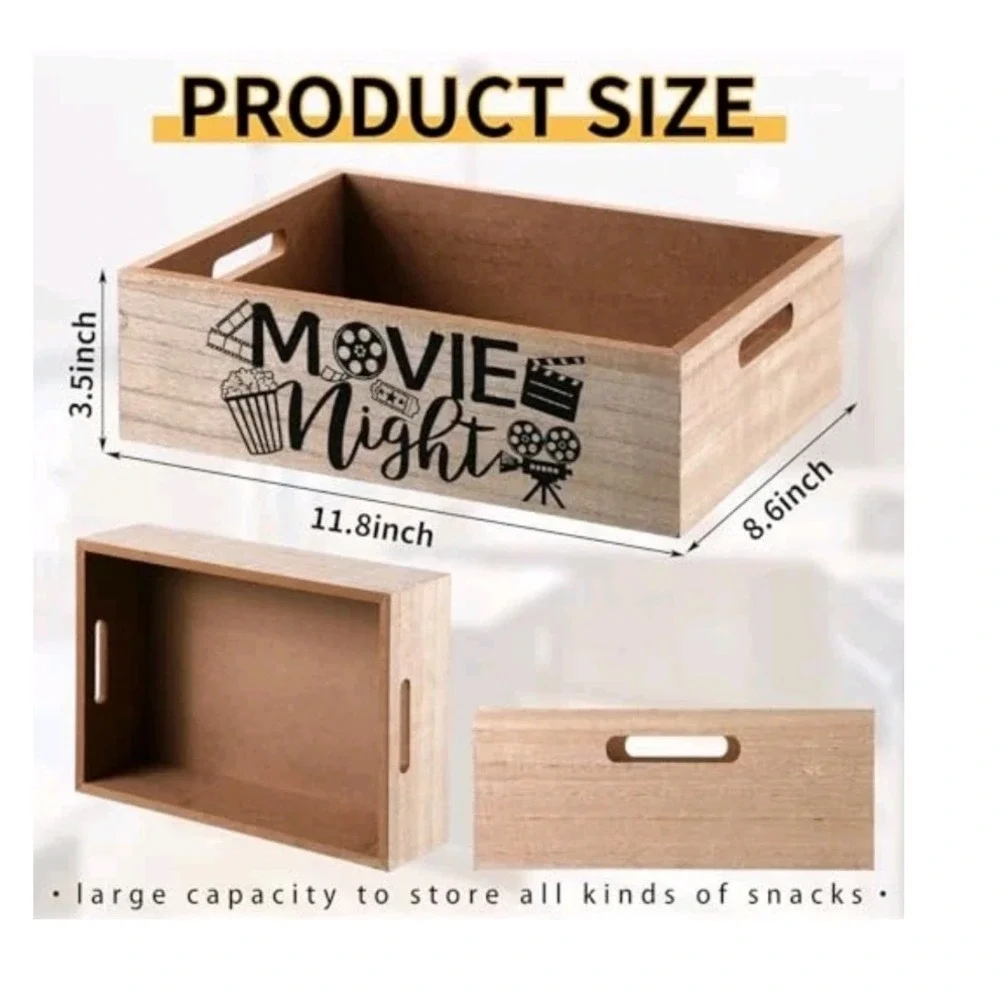 Movie Night Wooden Snack Caddy Rustic Popcorn Tray Cinema‎ Decor 11.8x8.6x3.5in